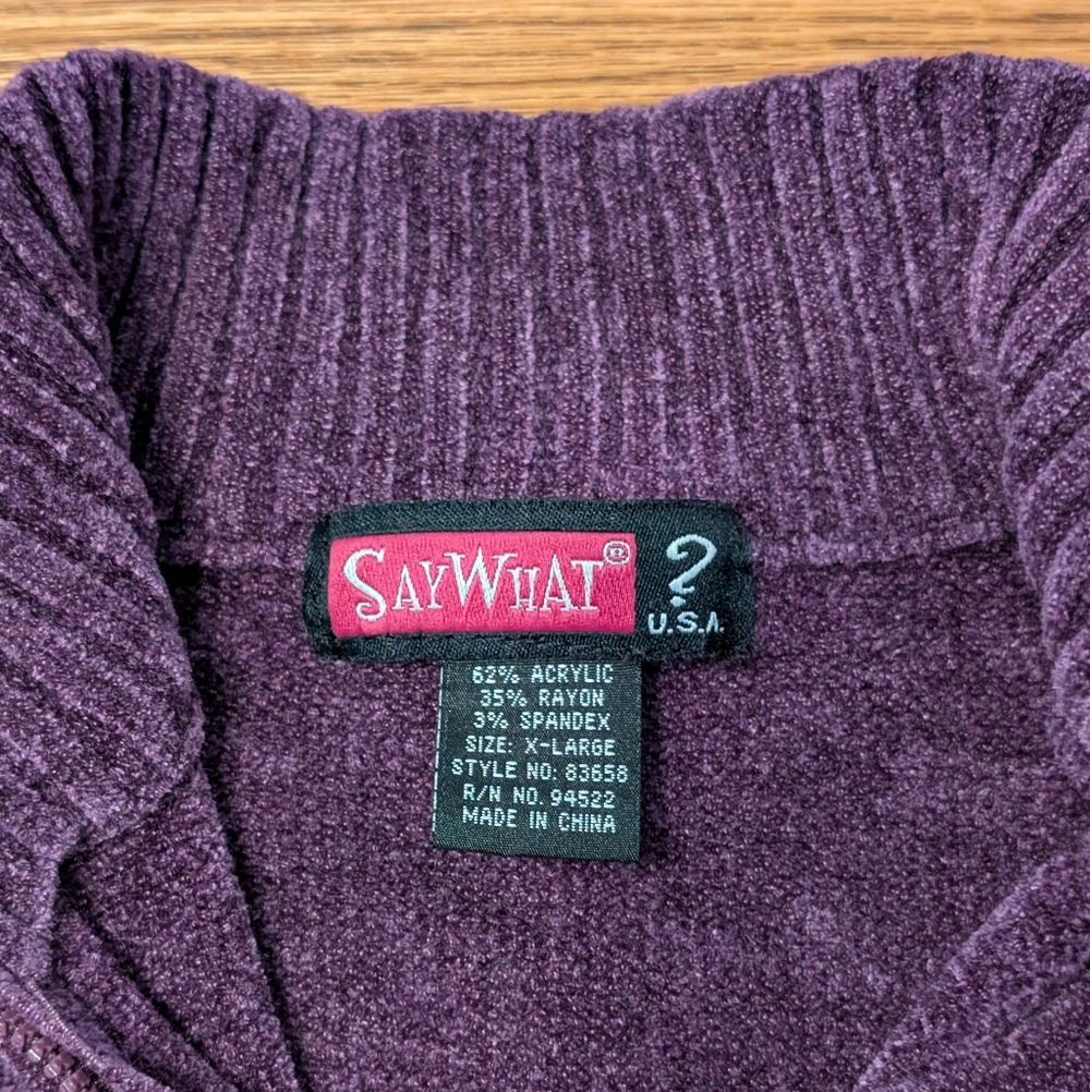 Say What Junior's Sweater Purple Quarter Zip Chenille Cozy Pullover Size XL - Picture 2 of 5